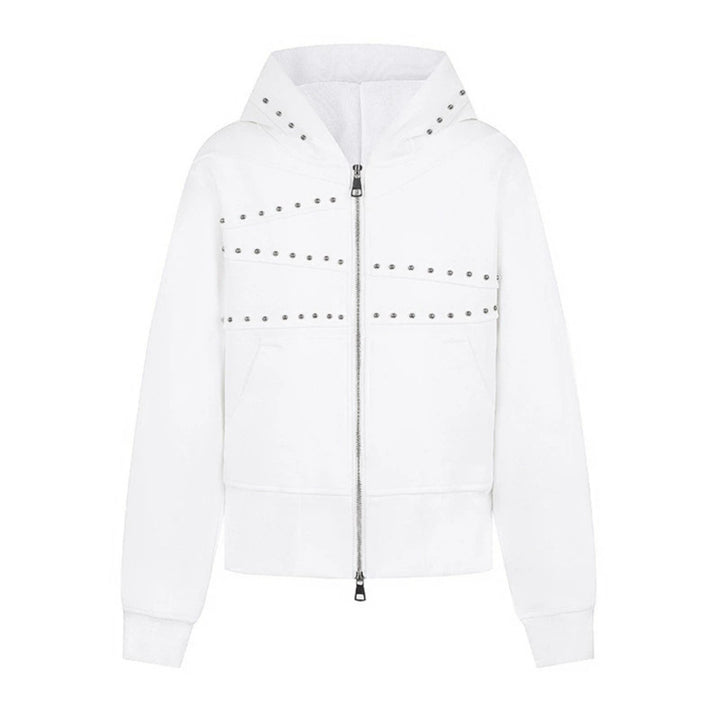 Women's hooded sweat jacket with studded accents, full-length zipper, and kangaroo pockets Amarae