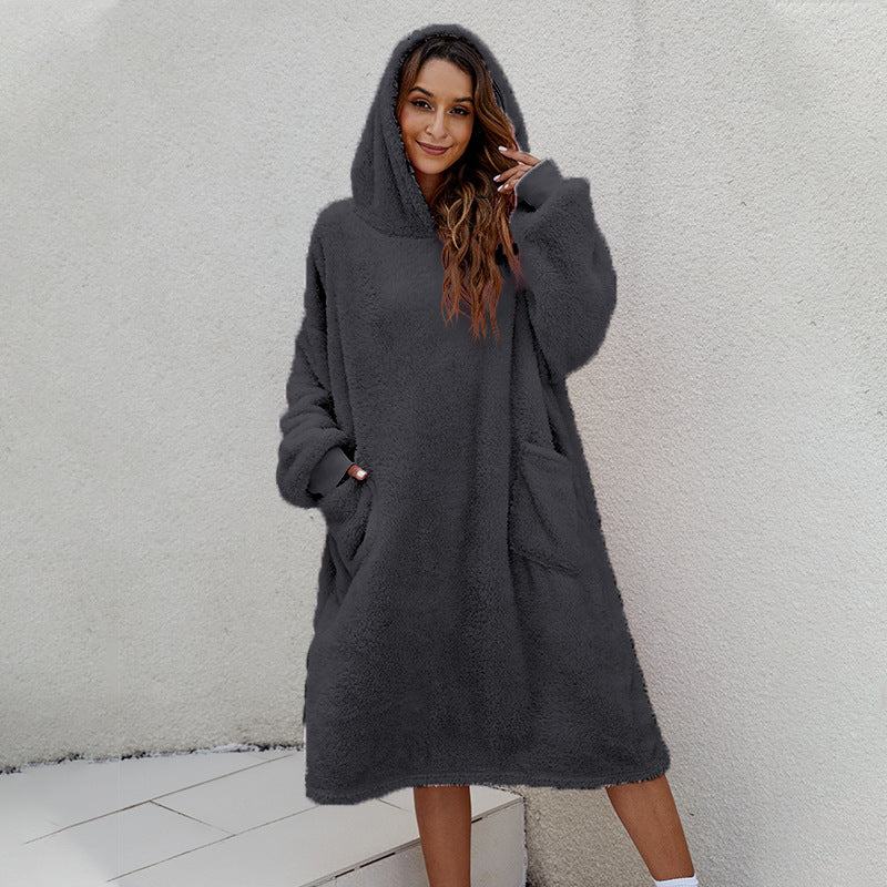 Comfortable fleece hoodie dress for women with practical pockets and large hood Lune London