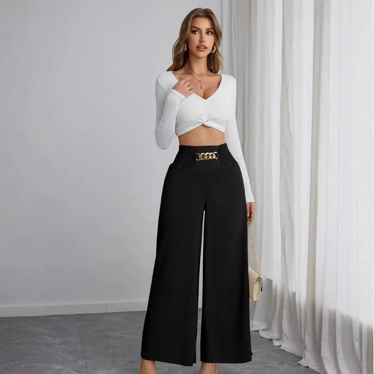 High-waisted wide-leg pants for women with decorative elastic and a trendy belt Lune London