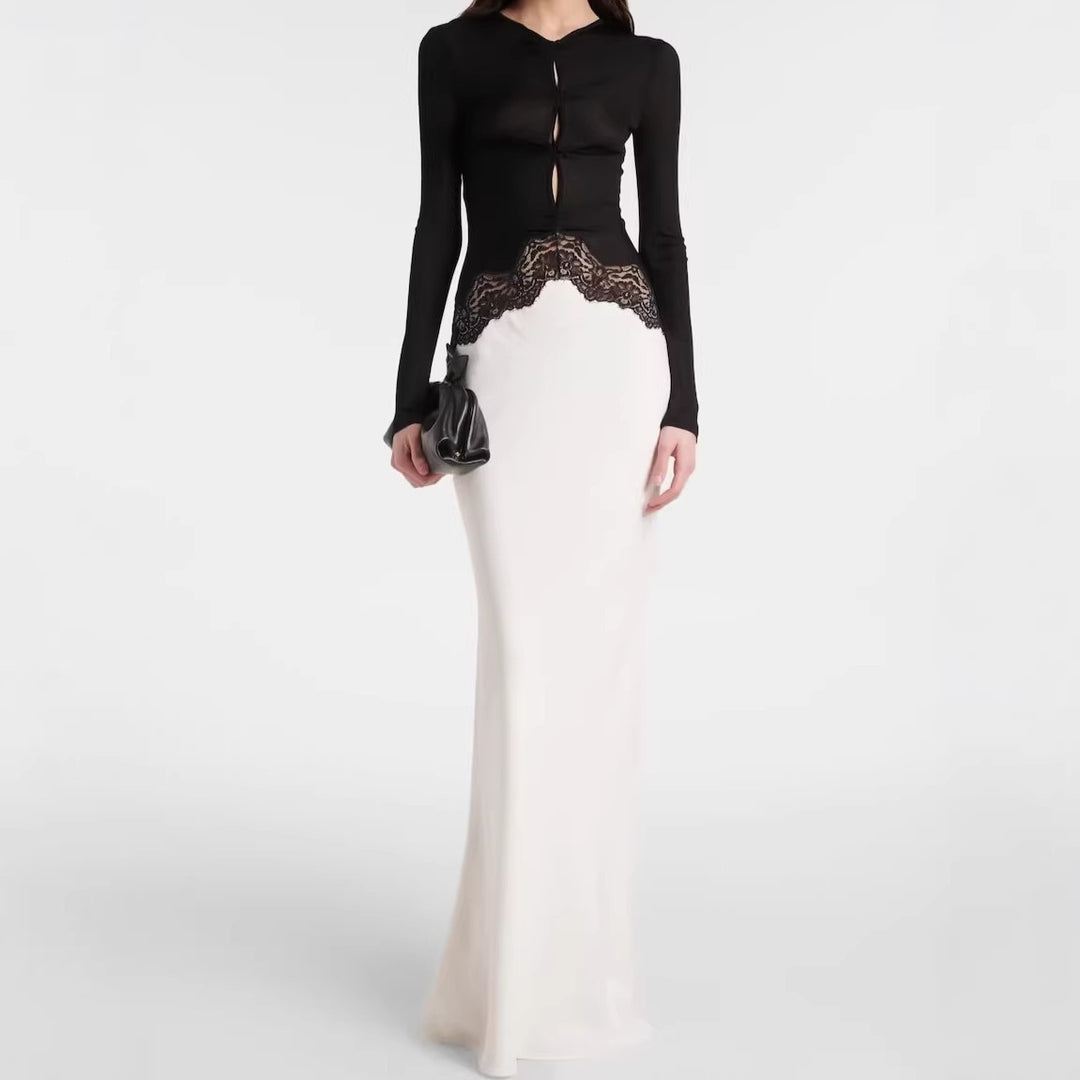 Women's maxi dress with contrasted top, lace insert and long sleeves Amarae