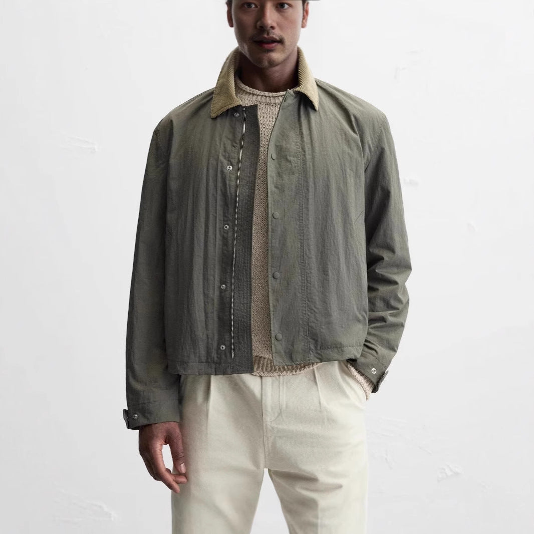 Men's Lightweight Short Jacket with Cord Collar and Concealed Zipper Front Amarae