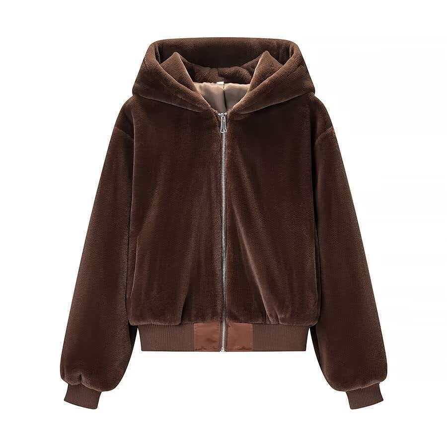Women's Cozy Hooded Bomber Jacket in Teddy Finish Amarae