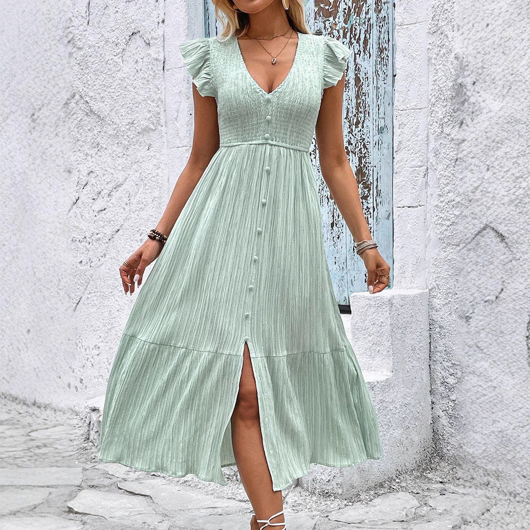 Fluid mid-length dress with V-neckline for women with ruffled hems Lune London
