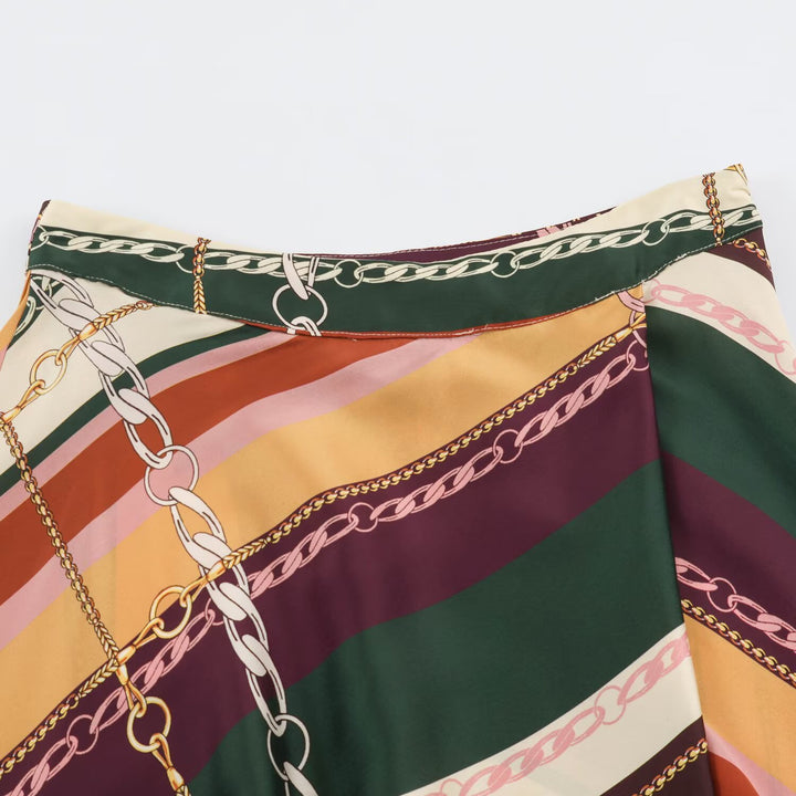 Women's Asymmetric Midi Skirt with Chain Print and Flowing Satin Look Amarae
