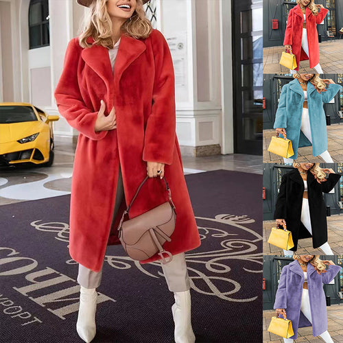 Women Elegant long coat in soft fleece with lapels and side pockets Amarae