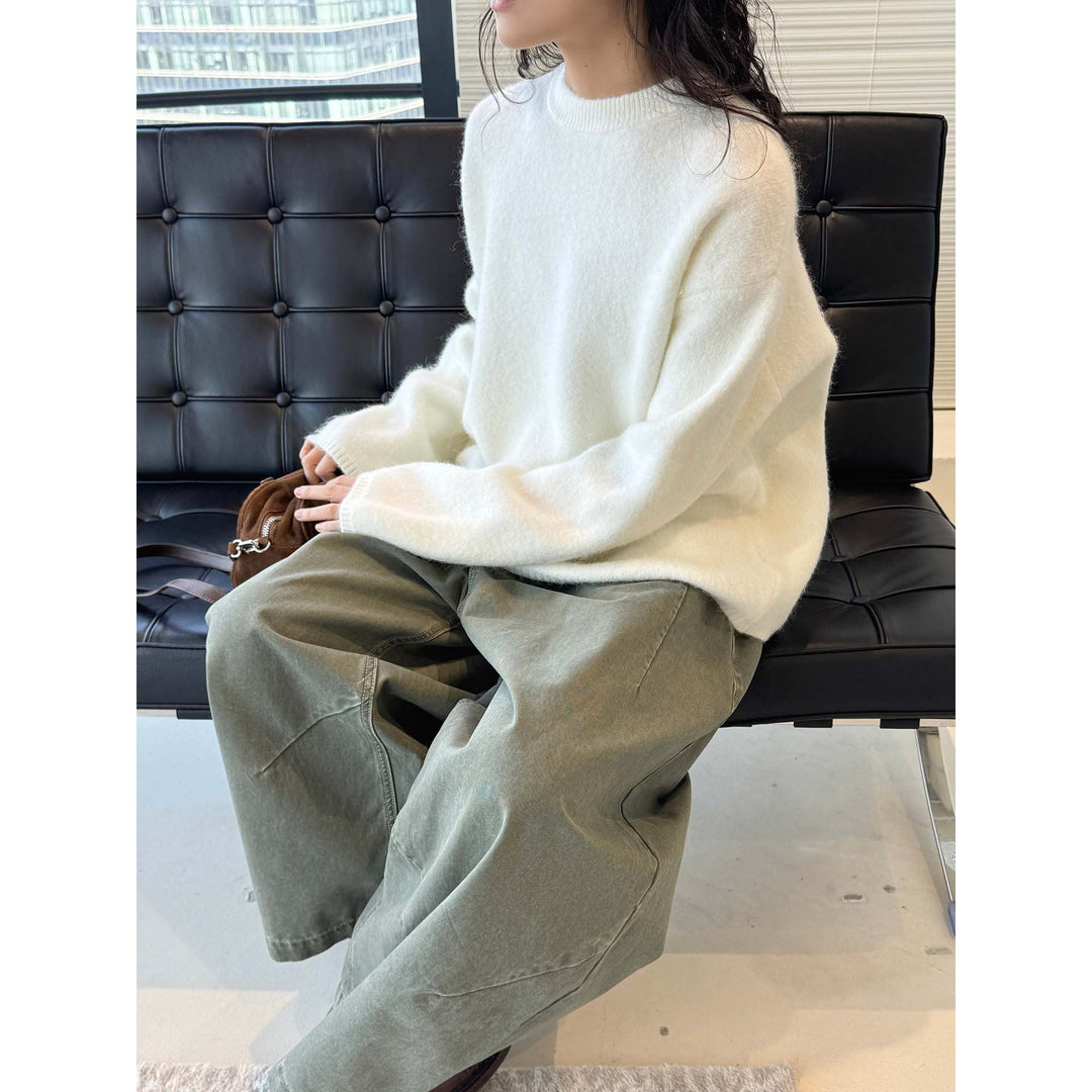 Women Soft Angora-Optic Round Neck Sweater with Loose Oversize Silhouette Amarae