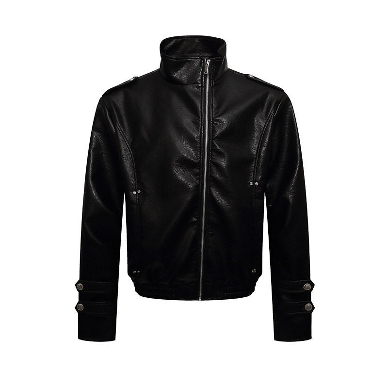 Men's short cut faux leather jacket with stand-up collar, zip front and decorative cuffs Amarae