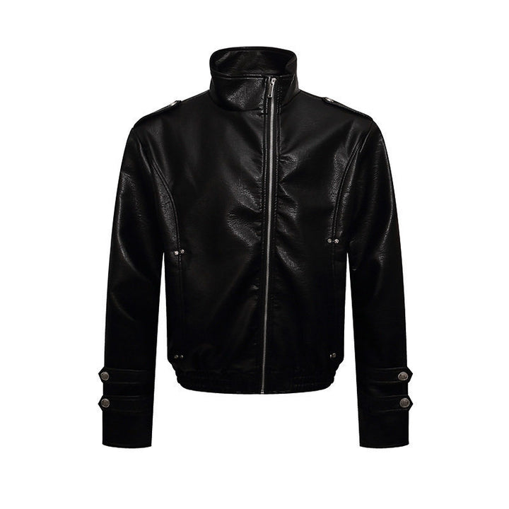 Men's short cut faux leather jacket with stand-up collar, zip front and decorative cuffs Amarae