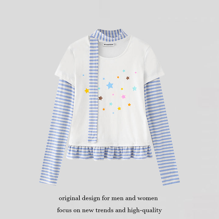 Women's Layered Long Sleeve Shirt with Striped Sleeves, Star Print, Ruffled Hem and Scarf Detail