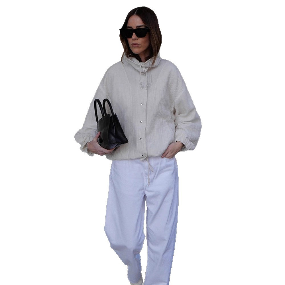 Women's Lightweight Hooded Blouson Jacket made of Cotton Muslin with Drawstring Amarae