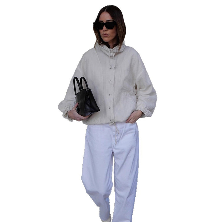 Women's Lightweight Hooded Blouson Jacket made of Cotton Muslin with Drawstring Amarae