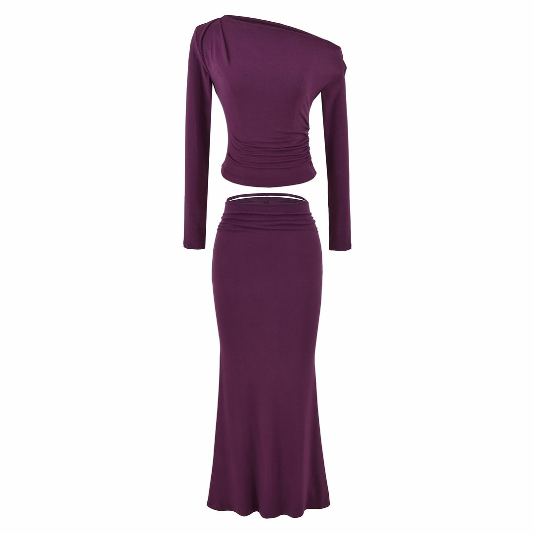 Women's One-Shoulder Two-Piece Set with Ruched Crop Top and Fitted Maxi Skirt Amarae