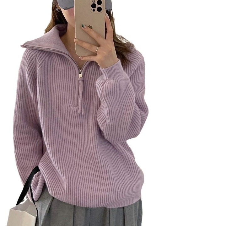 Knitted sweater for ladies with high collar and ribbed structure Lune London