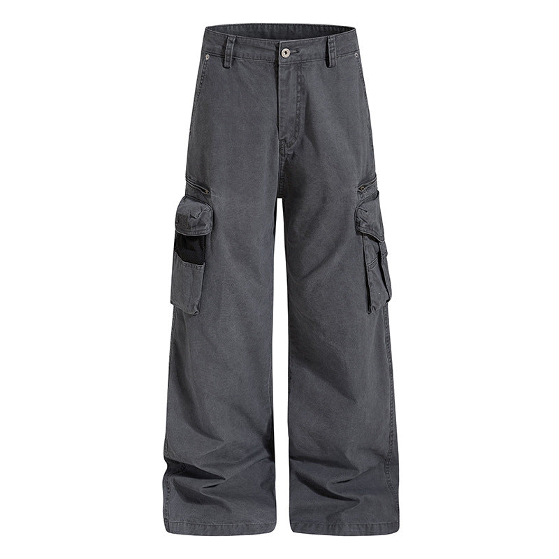 Women's Loose High-Waist Canvas Cargo Pants with Multi-Pockets and Mesh Details Amarae