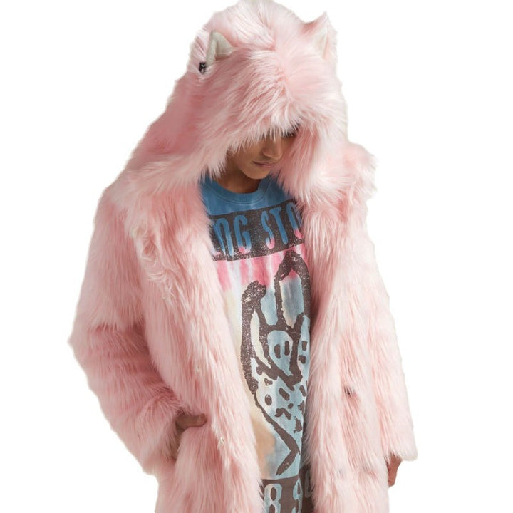 Women's Longer Hooded Faux Fur Coat with Animal Ears and Fluffy High Pile Amarae