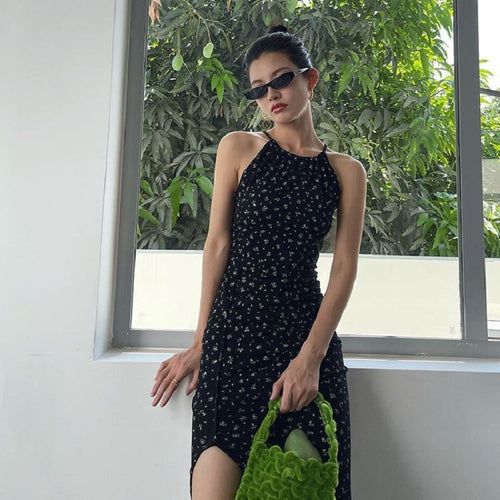Ladies floral dress with deep back neckline and asymmetric hem
