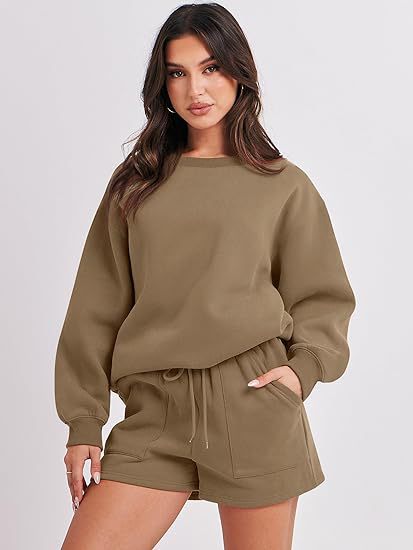 Women's Casual Two-Piece Lounge Sweatset with Oversized Round Neck Sweatshirt and High-Waist Relax Shorts Amarae