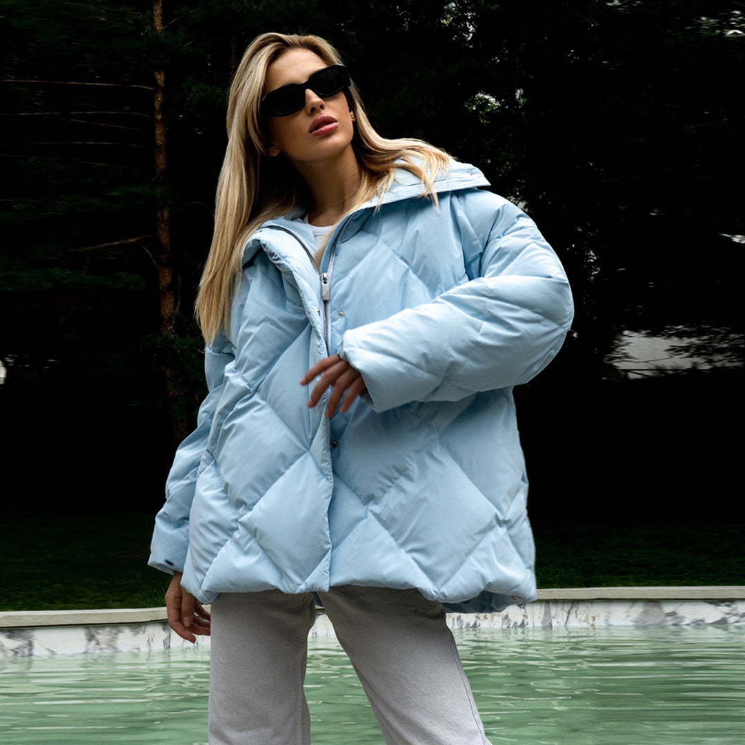 Ladies padded quilted jacket with high collar and practical pockets Amarae