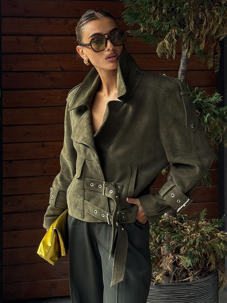 Ladies short jacket made of suede look with waist belt, buckles & oversized collar Amarae