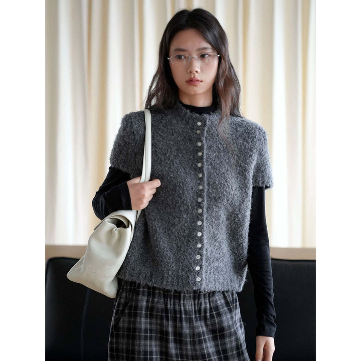 Women Short-cut Boucle Knit Vest with Button Placket Amarae