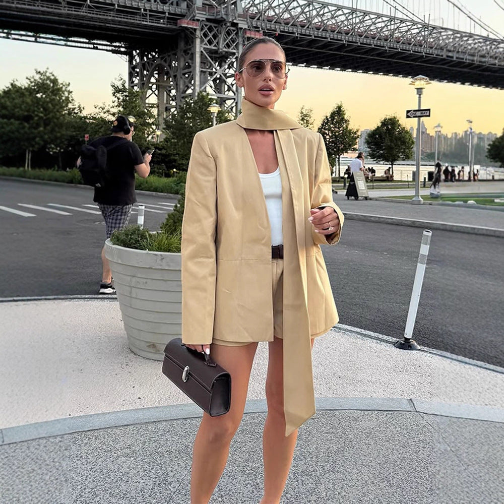 Women's Two-Piece Blazer Set with Long Shawl Collar and High-Waisted Shorts Amarae