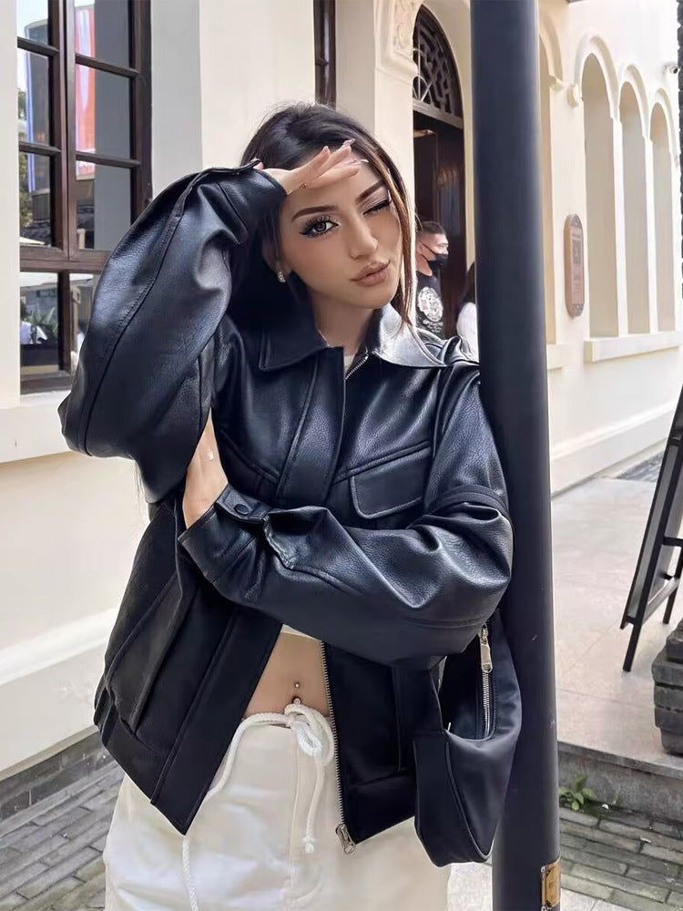 Ladies short-cut faux leather jacket in boxy cut with voluminous balloon sleeves Amarae