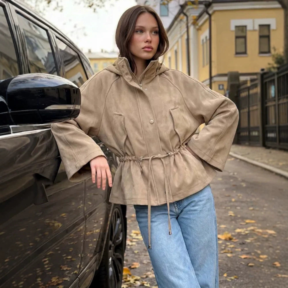 Women Short Jacket in Suede Look with Hood and Waist Drawstring Amarae