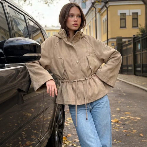 Women Short Jacket in Suede Look with Hood and Waist Drawstring Amarae