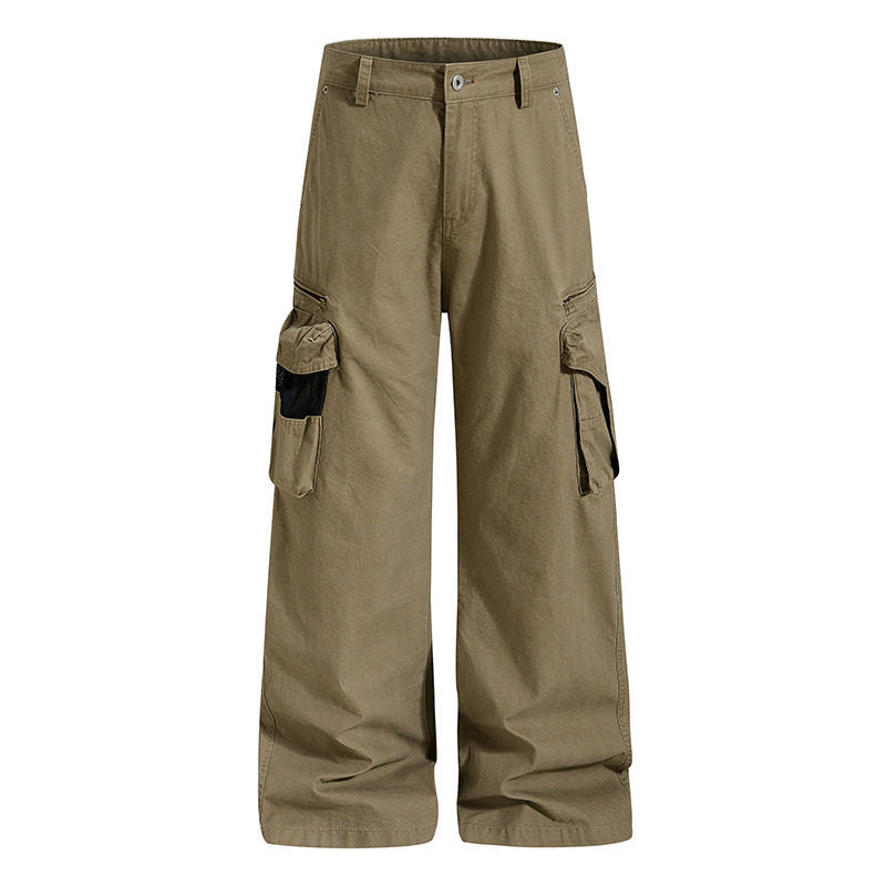 Women's Loose High-Waist Canvas Cargo Pants with Multi-Pockets and Mesh Details Amarae