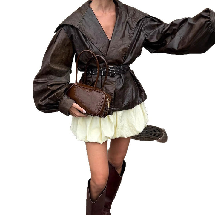 Women's Tailored Faux Leather Blouson with Wide Shawl Collar, Voluminous Balloon Sleeves and Double Studded Belt Amarae
