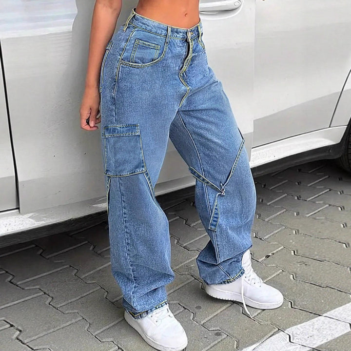 Women's Casual Baggy Cargo Jeans with Adjustable Straps and Flap Pockets Amarae