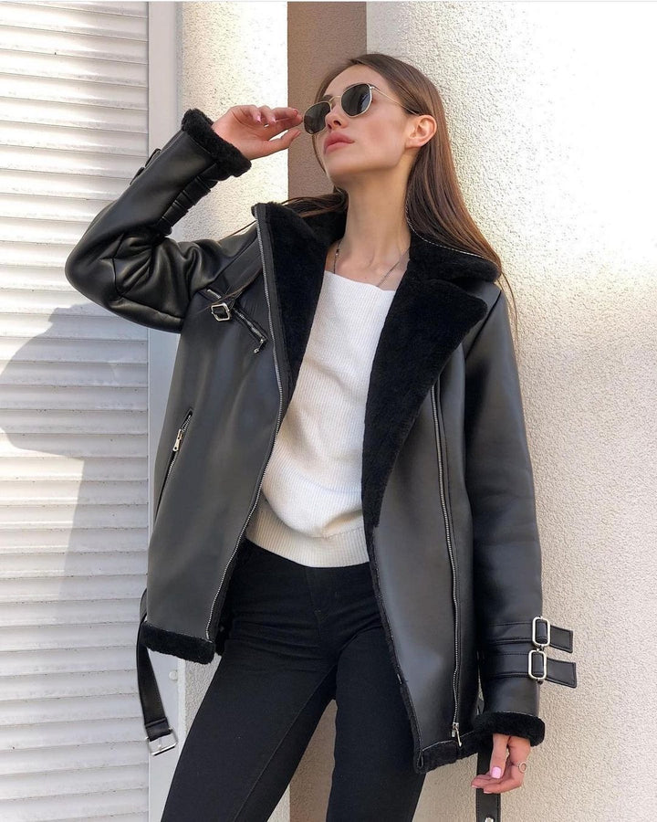 Trendy synthetic leather jacket for women with soft lining and side zippers Lune London
