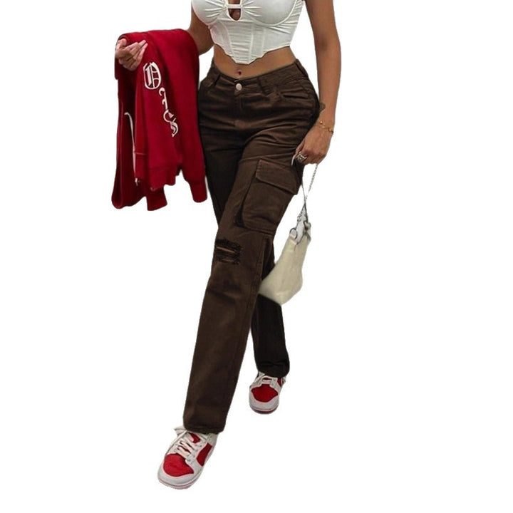 Women's cargo jeans with high waist, straight leg, knee rips, and patch cargo pockets Amarae