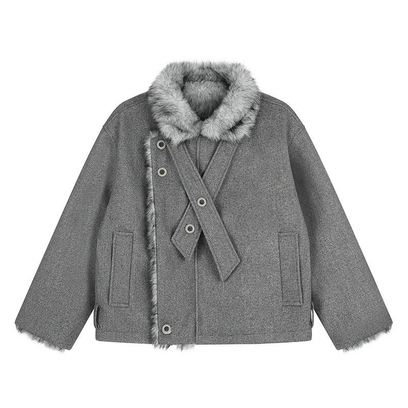 Women's short wool jacket with faux fur trim and asymmetric button placket Amarae