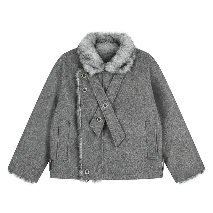 Women's short wool jacket with faux fur trim and asymmetric button placket Amarae