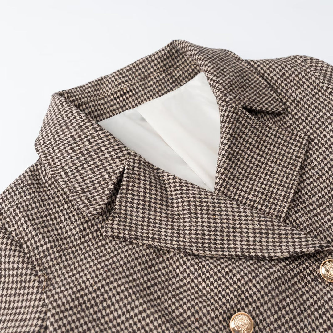 Women's Short-Cut Double-Breasted Houndstooth Blazer with Tailored Silhouette and Golden Decorative Buttons Amarae