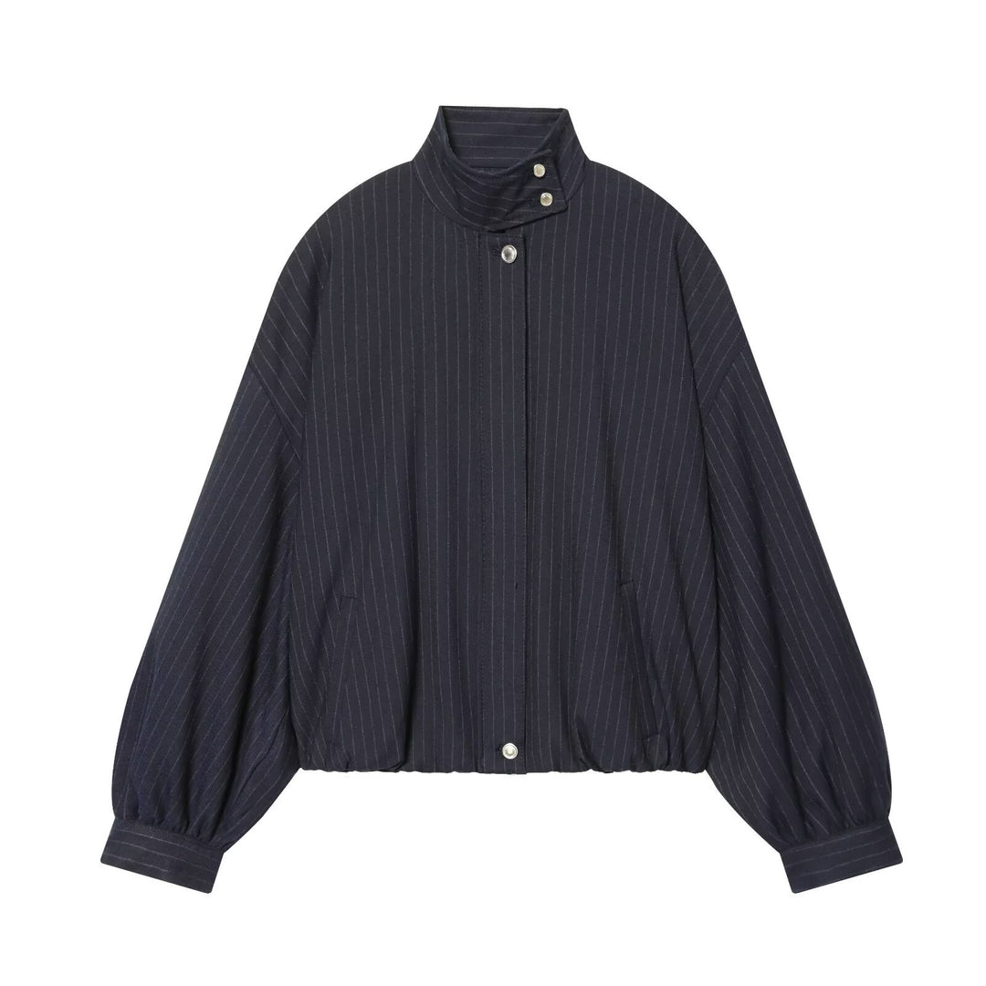 Ladies Short Pinstripe Blouson Jacket with Stand Collar, Balloon Sleeves and Elastic Hem Amarae