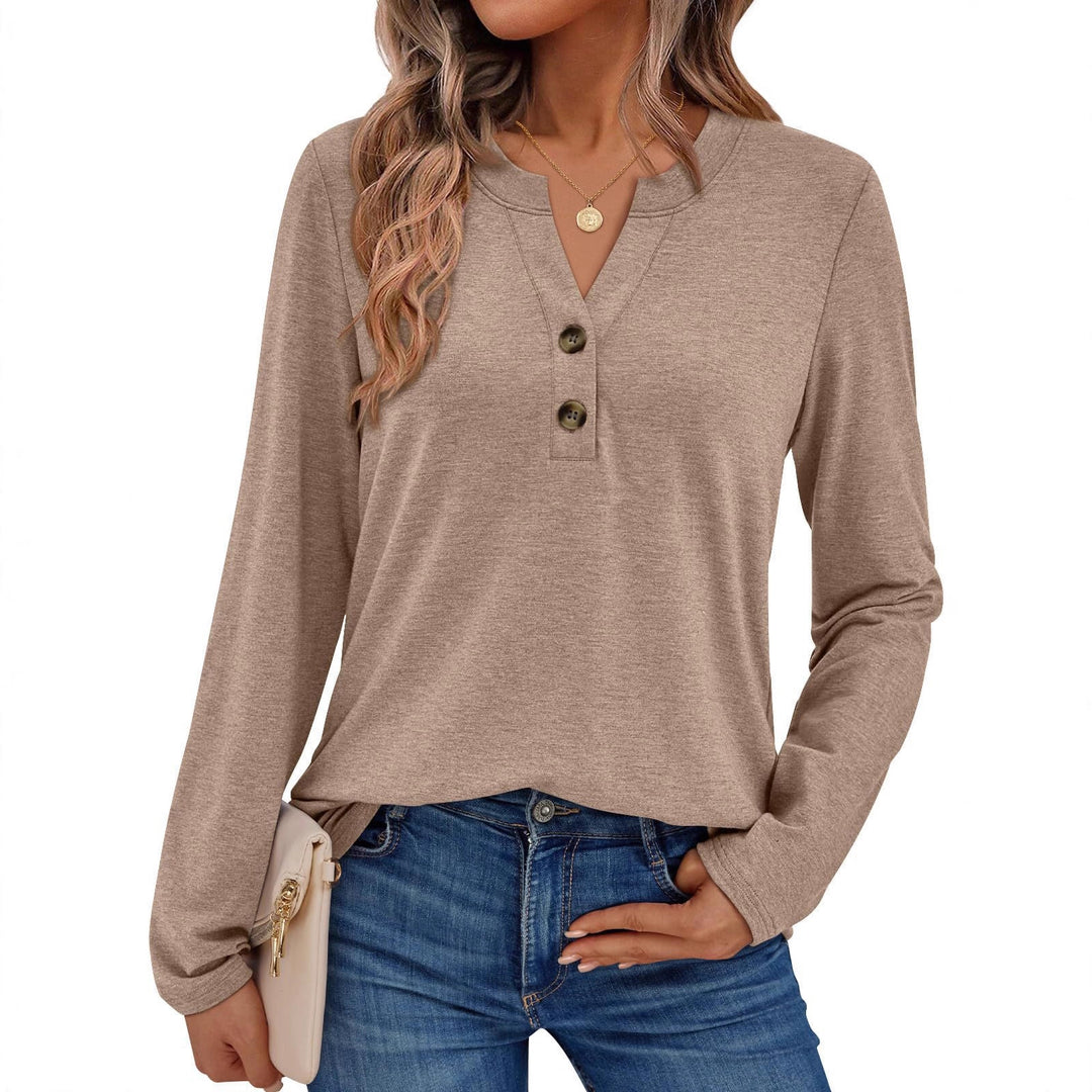 Casual long sleeve T-shirt for women with button detail and round neck Lune London