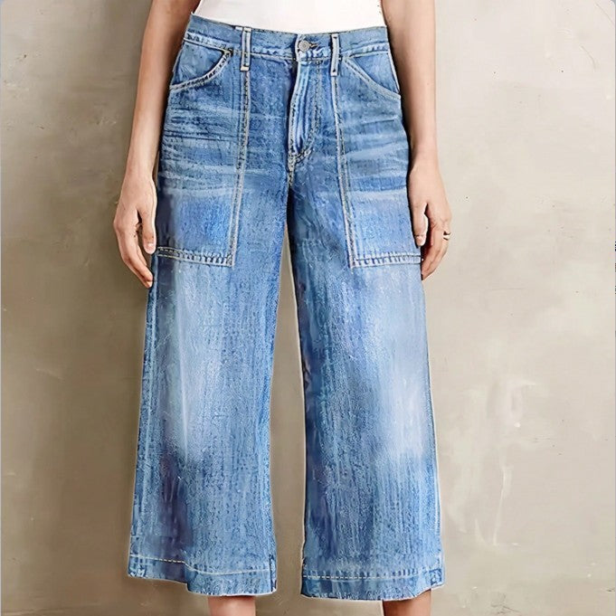 Ladies light vintage-inspired culotte jeans with visible seam panels and patch front pockets Amarae
