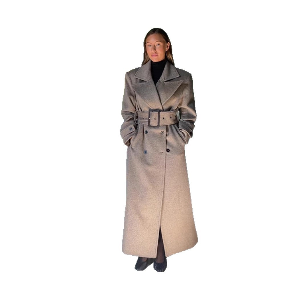Women Maximal Wool Coat with Double-Breasted Button Placket and Wide Waist Belt Amarae
