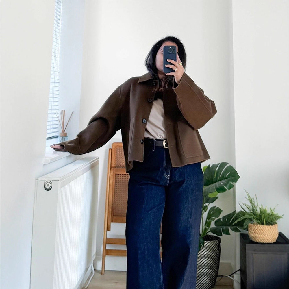 Women Short Wool Blend Blazer with Boxy Silhouette and Extra Long Sleeves Amarae