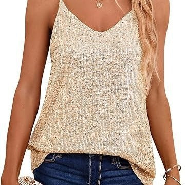 Women's Sparkling Spaghetti Strap Top with V-Neck and Shimmering Details Amarae