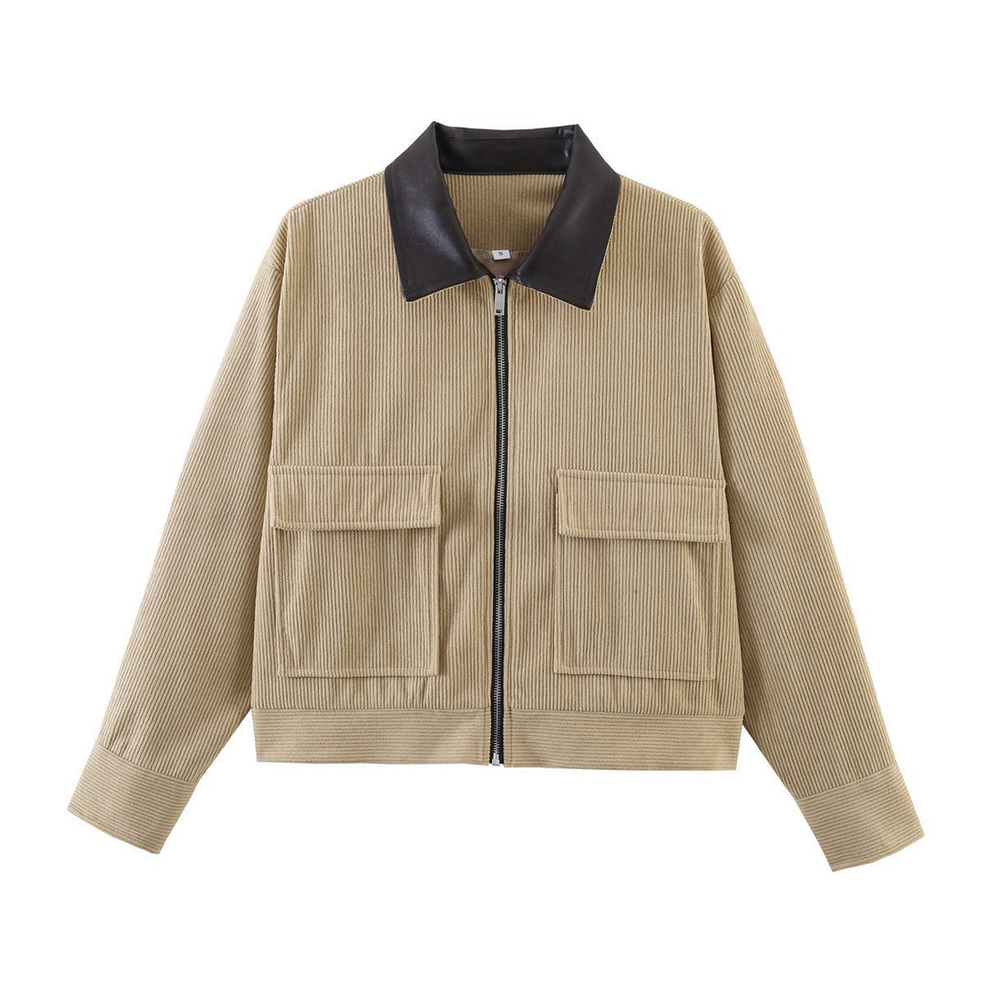 Ladies short-cut cord jacket with lapel collar made of faux leather and patch flap pockets Amarae