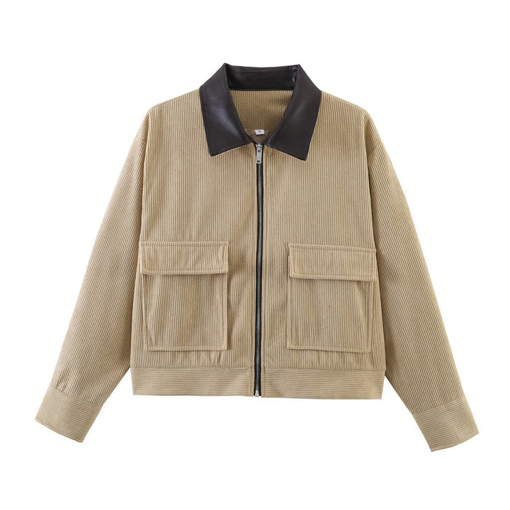 Ladies short-cut cord jacket with lapel collar made of faux leather and patch flap pockets Amarae