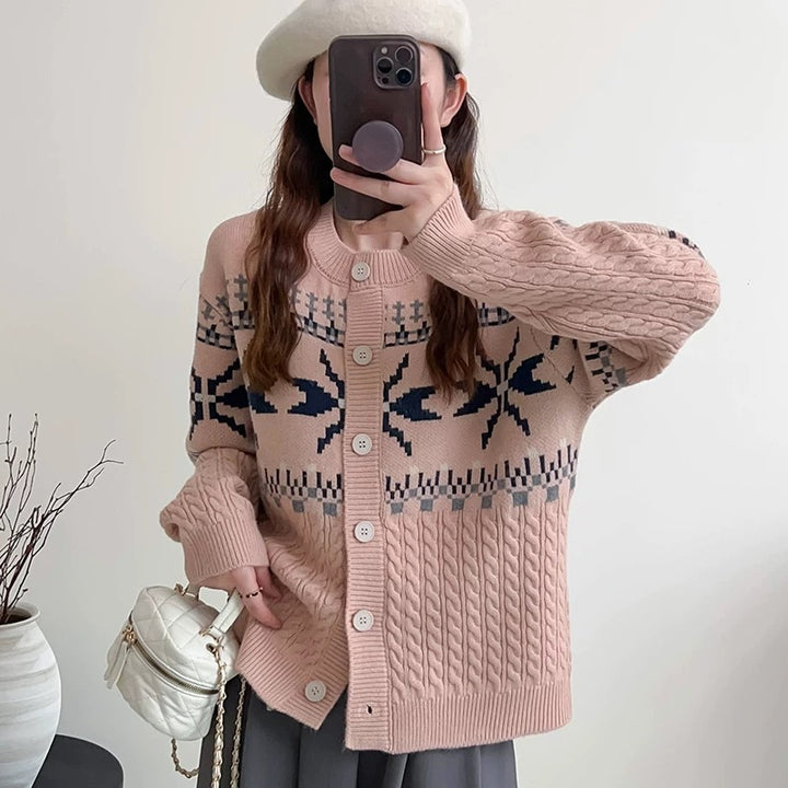 Womens knit jacket with folk pattern and high-quality braid structure Lune London