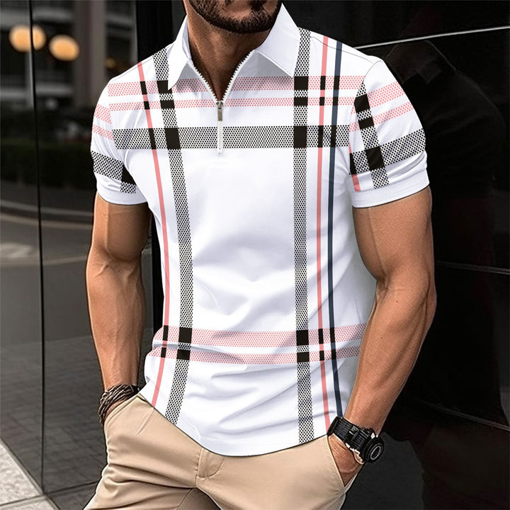 Men's Short Sleeve Polo with Modern Zip Closure and Chic Plaid Design