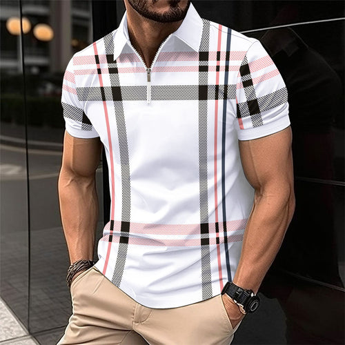 Men's Short Sleeve Polo with Modern Zip Closure and Chic Plaid Design