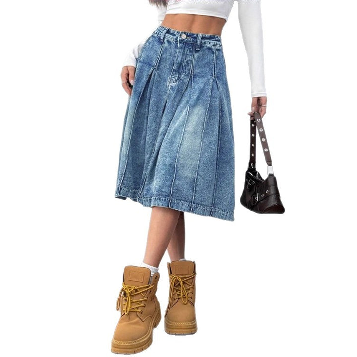 Ladies midi skirt made of denim with vintage wash, pleats and high waist Amarae