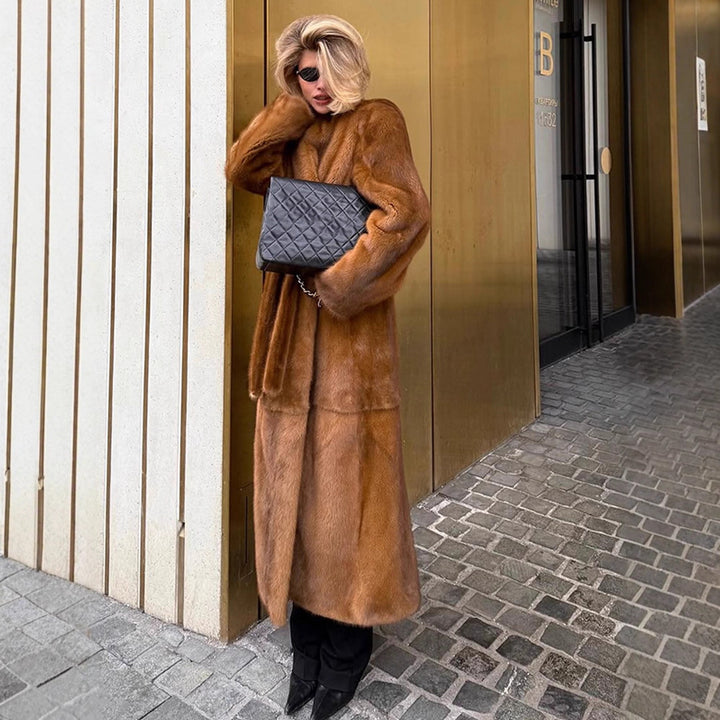 Women Luxurious Long Fur Coat with Shawl Collar and Flattering Oversize Cut Amarae