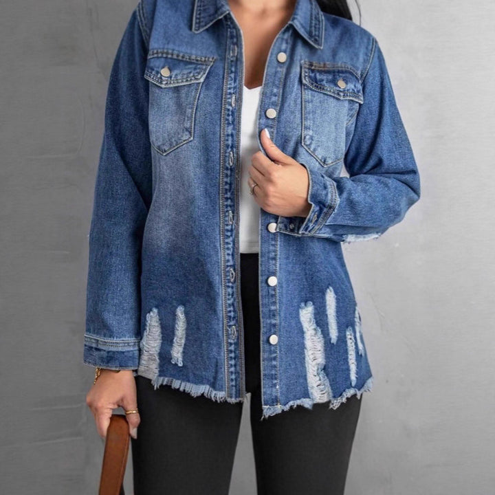 Women Casual Oversized Denim Jacket with Destroyed Details, Shirt Collar and Fringed Hem Amarae